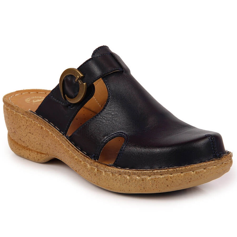 Lederpantoffeln auf einem Keil blau Łukbut 666 navy blau