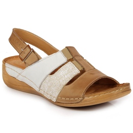 Bequeme weiße und beige Ledersandalen Łukbut 1102