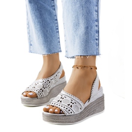 Silberne durchbrochene Sandalen auf einem biblischen Keilabsatz silber-