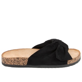 Korkpantoffeln mit lila-schwarzer Schleife