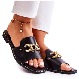 S.Barski Modische schwarze Finess-Hausschuhe mit einer Kette an einem flachen Absatz