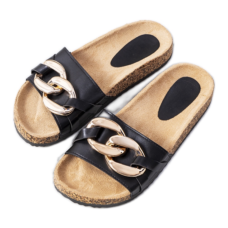 Schwarze Hausschuhe mit Derbi-Kette