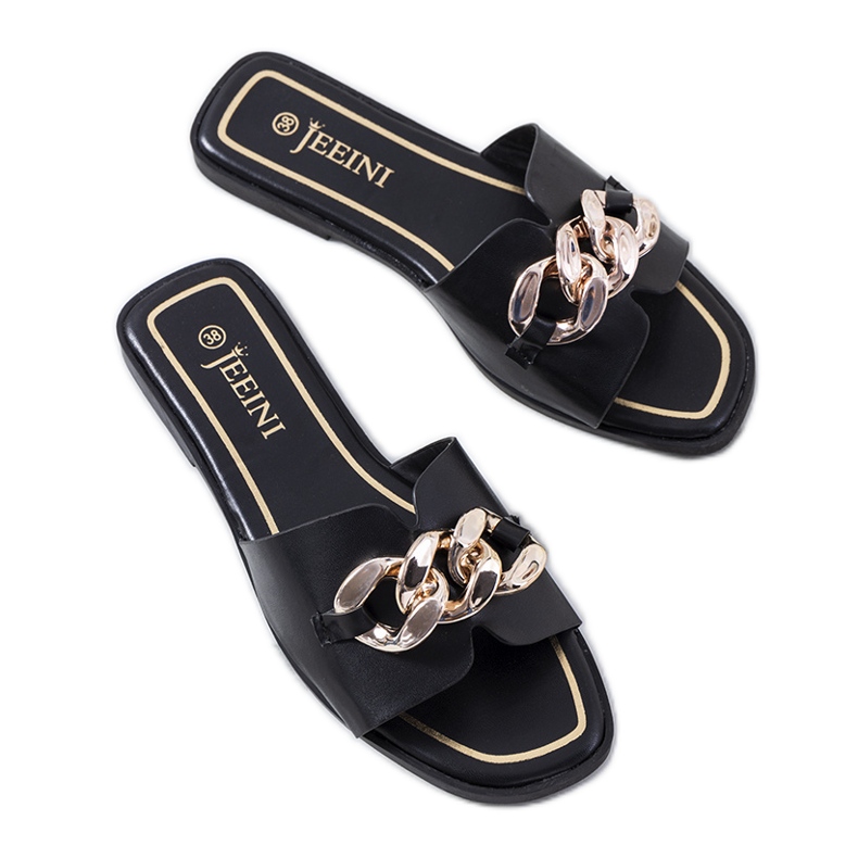 Schwarze elegante Pantoffeln mit einer Kette Mary