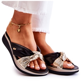 PE1 Bequeme Damenhausschuhe aus Leder Schwarz und Gold Neyla