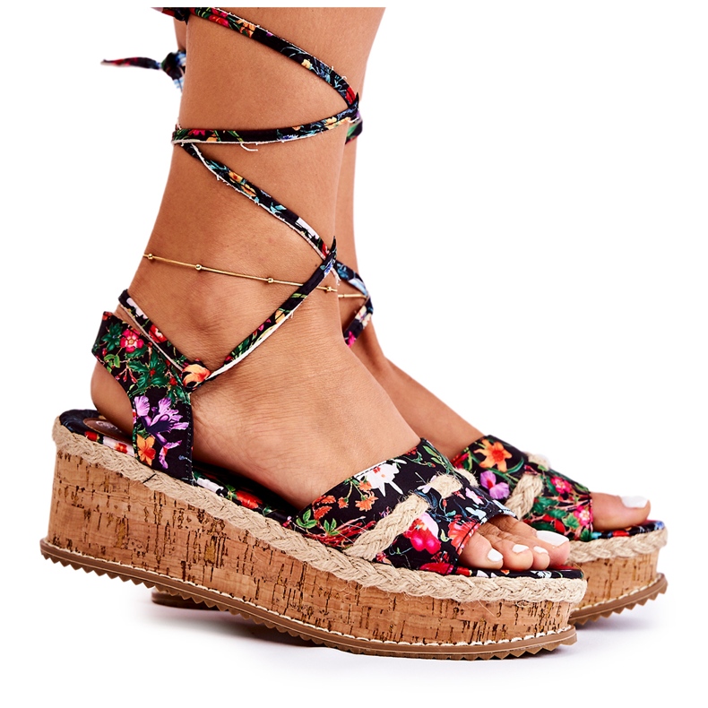 FS3 Gebundene Damensandalen Espadrilles mit schwarzen Blumen Lamour mehrfarbig