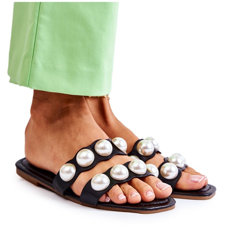 PG1 Damen-Lederhausschuhe mit Zierperlen Schwarz Lasello