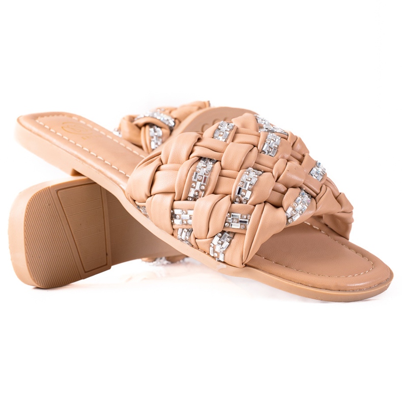 SHELOVET Geflochtene Hausschuhe mit Kristallen beige silber-