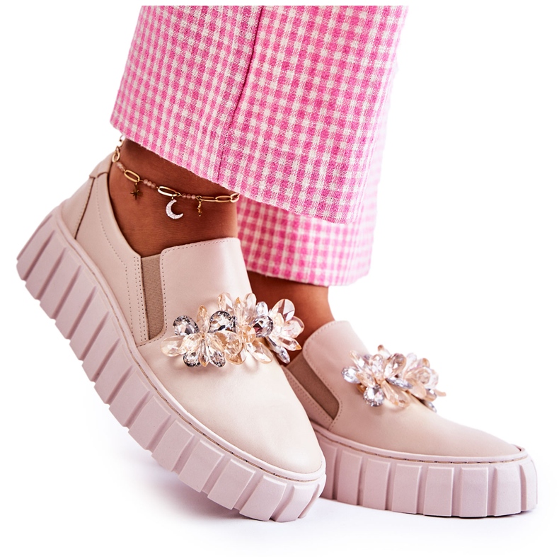 PA2 Slip-On-Sneakers aus Leder für Damen mit beigefarbener Mirana-Verzierung