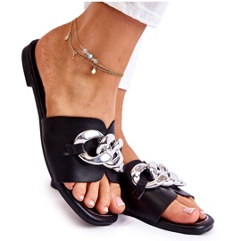 PG2 Damen-Hausschuhe aus Leder mit dekorativer Kette Schwarz Maraia