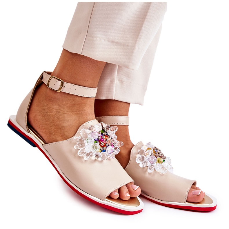 PA2 Ledersandalen für Damen mit beigefarbener Nevassa-Verzierung