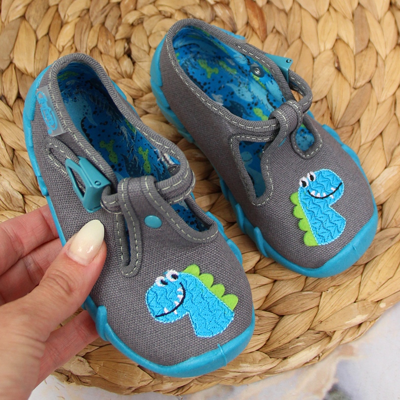 Hausschuhe für Jungen Schnalle grau Befado Dinosaurier