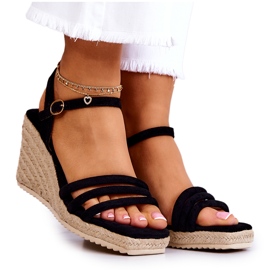 FJ1 Schwarze Sandalen aus Wildleder auf Keilabsatz Louisiana B-793