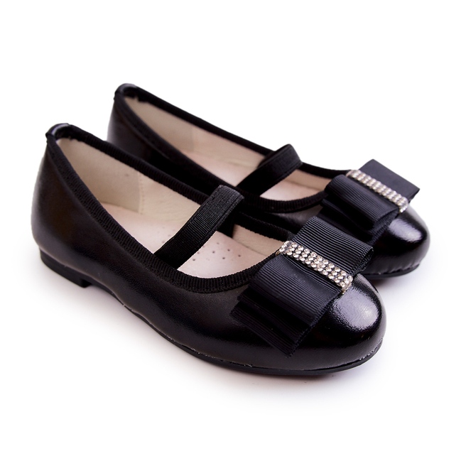 S.Barski Ballerinas für Kinder aus Leder mit dekorativer Schleife Schwarz Claril