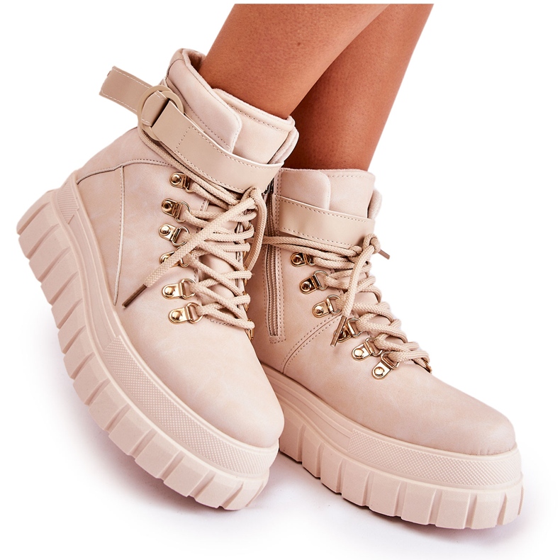 FB3 Modische Damenstiefel auf einer Plattform mit einem Streifen hellbeige La Blanca