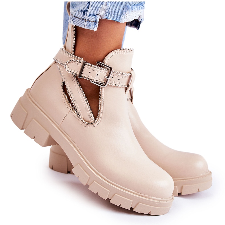 PG1 Damen Lederstiefel mit Nieten Beige Clares