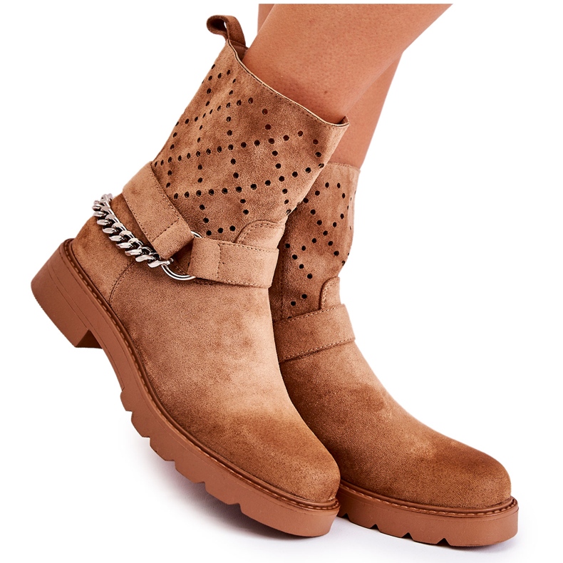 WS1 Durchbrochene Booties mit einem Reißverschluss mit einer braunen Chantelle-Kette