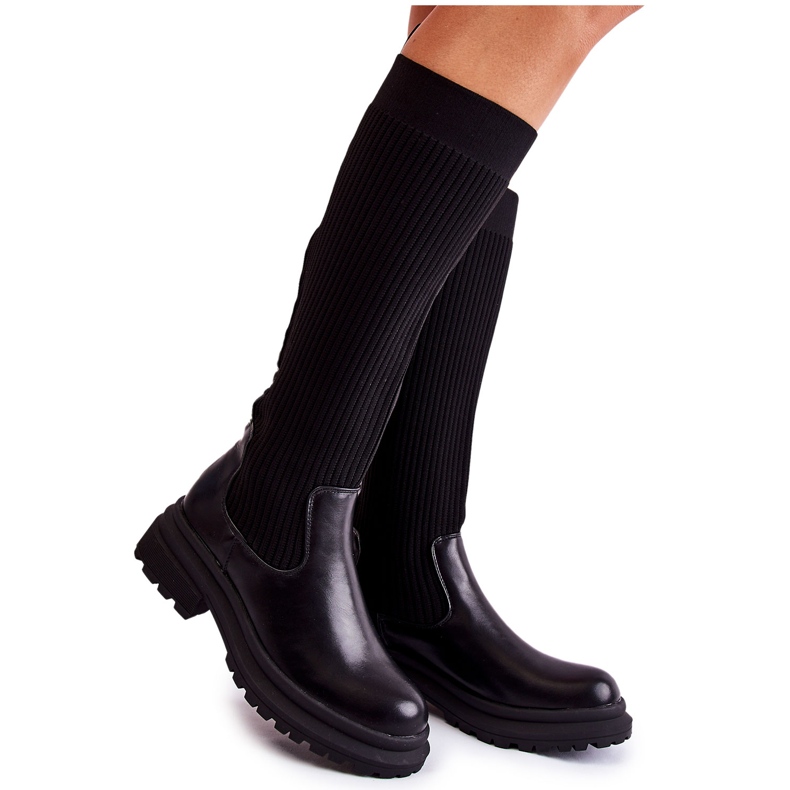 PS1 Gerippte Damenstiefel mit flachem Absatz Schwarz Allys