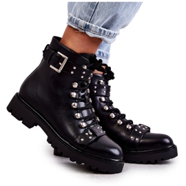 PG1 Schwarze Sabine-Kunstlederstiefel mit dekorativem Gürtel