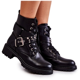 PG1 Schwarze Lanelly Eco-Lederstiefel mit Gürtel und Nieten