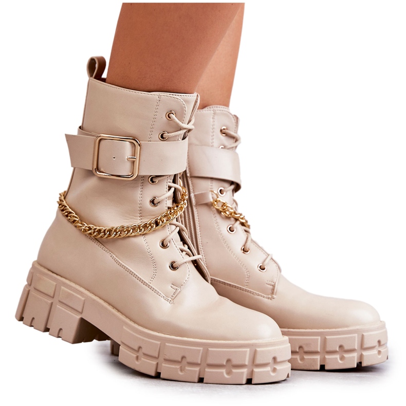 PG1 Modischer Arbeiterstiefel mit Kette Beige Solesso