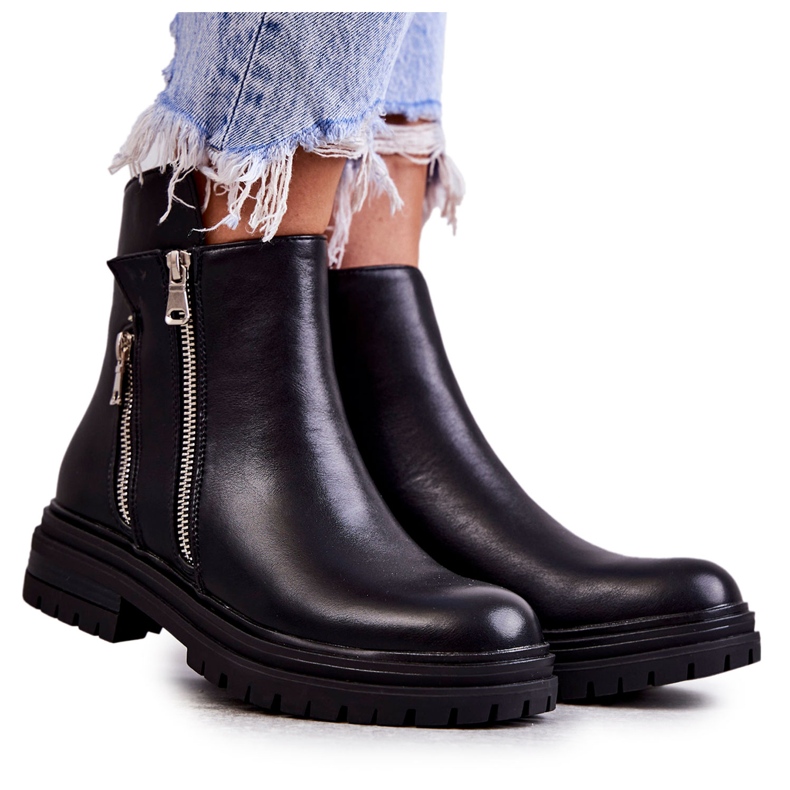 PG1 Damen Lederstiefel mit Reißverschluss Schwarz Navarra