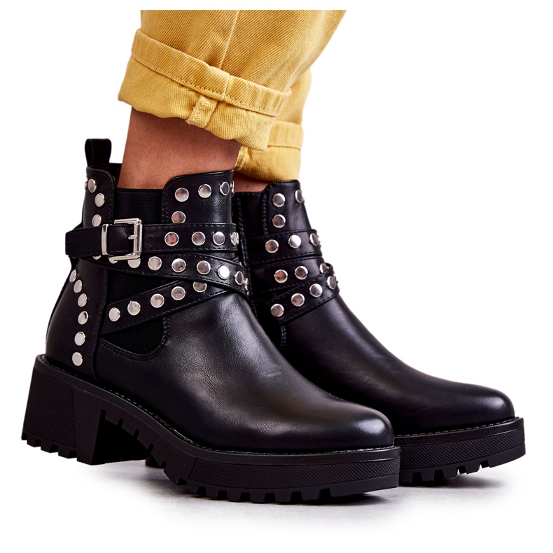 PG1 Damenstiefel aus Leder mit dekorativen Nieten Schwarz Sanchez