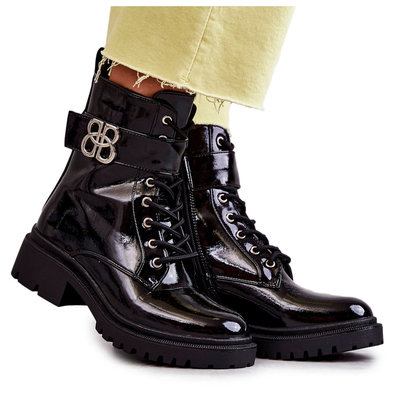 PG1 Lackierte warme Damenstiefel mit schwarzer Hayes-Dekoration