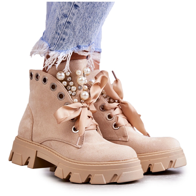 PS1 Warme Stiefel aus Wildleder mit Perlen Beige Roco