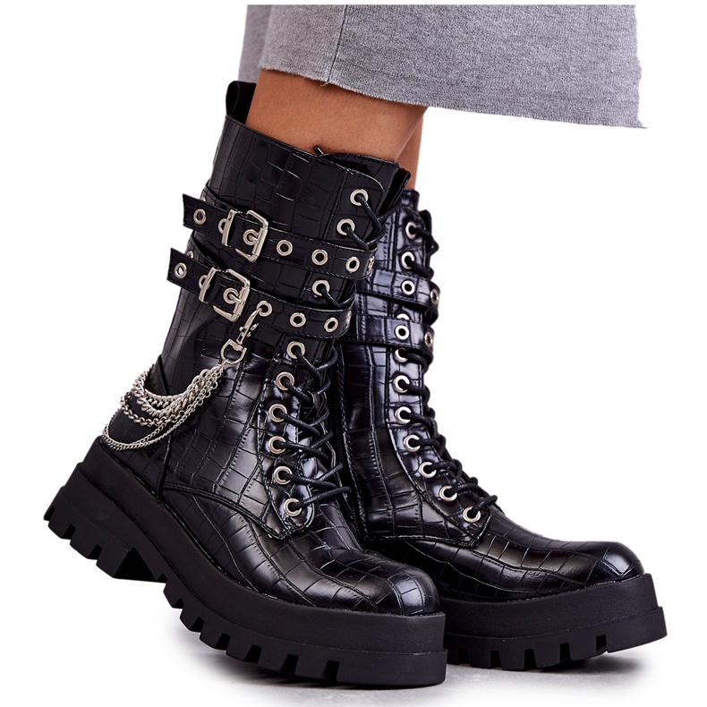 PG1 Hohe Arbeiterstiefel mit Kette Schwarze Schlange Montero