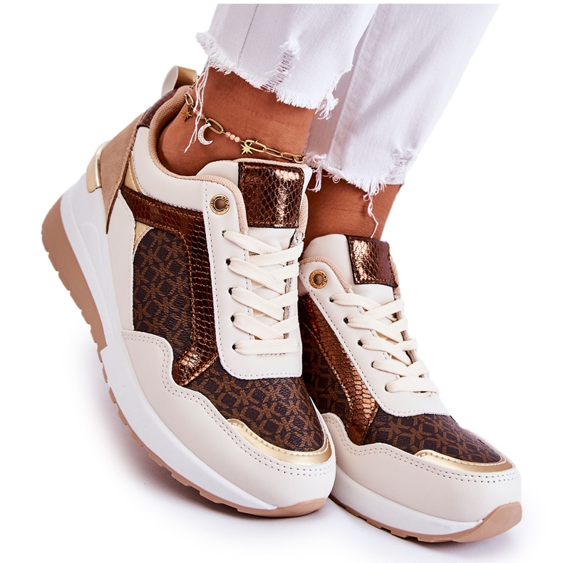 PG1 Sportschuhe für Damen mit Keilabsatz, Kunstleder, Weiß-Braun Catrine beige golden