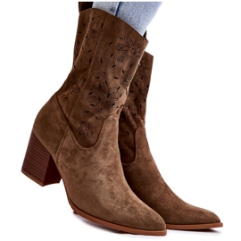 FB1 Damen Wildleder Cowboystiefel mit Blumen Khaki Ariane grün