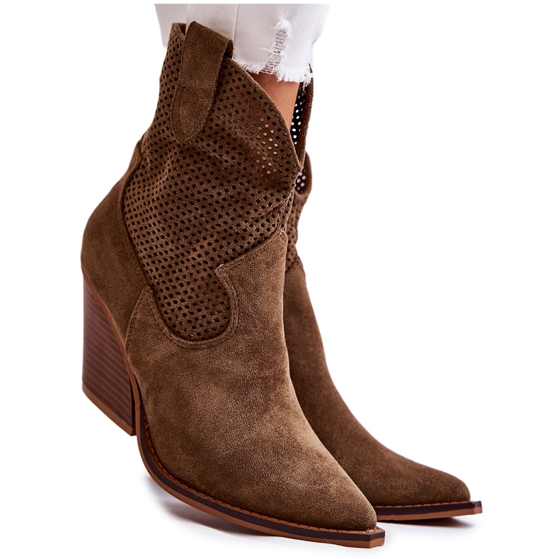 FB1 Durchbrochene Cowboystiefel aus Wildleder für Damen Khaki Eleonore braun