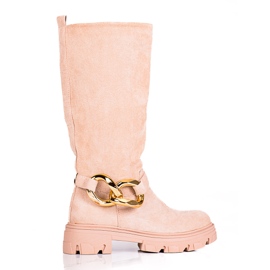 Beige Damenstiefel mit einer Shelovet-Kette aus ökologischem Wildleder