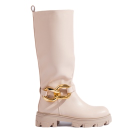 Beige Damenstiefel mit einer Shelovet-Kette aus ökologischem Leder