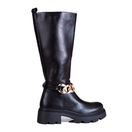 Damenstiefel mit Kette aus ökologischem Leder schwarz