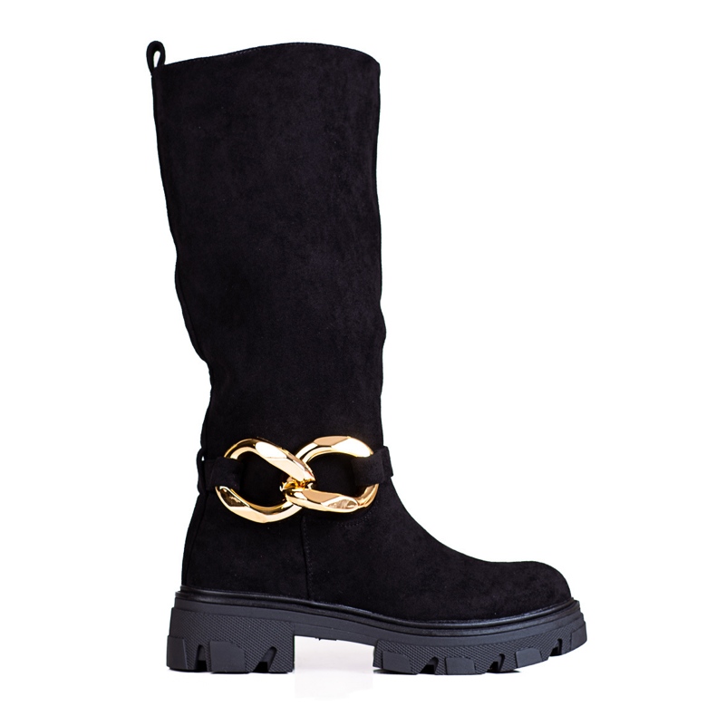 Schwarze Damenstiefel mit einer Shelovet-Kette aus ökologischem Wildleder