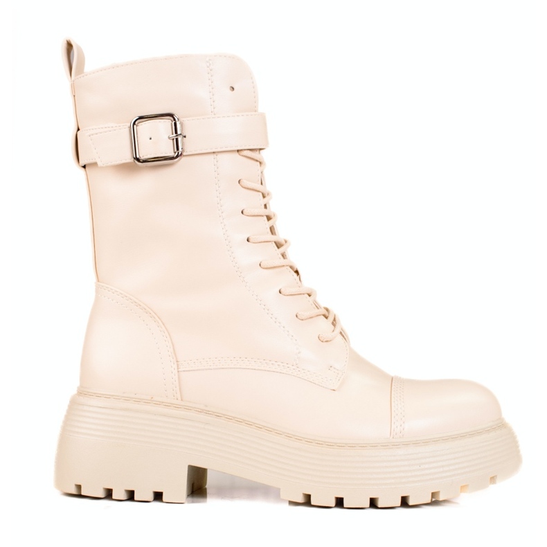 Hohe, beige Arbeiterstiefel für Damen mit Schnürung