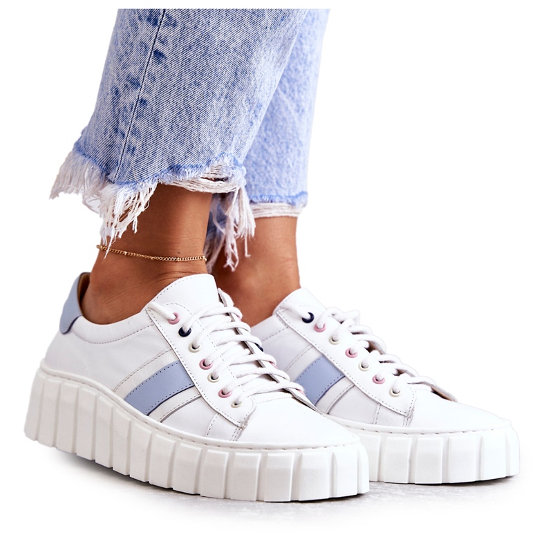 Damen Sport Lederschuhe gebunden weiß und blau Ariva