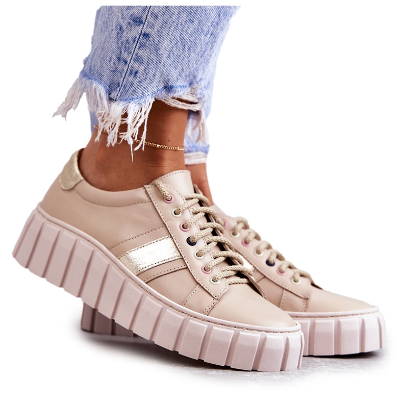 PA2 Damen Sport Lederschuhe gebunden Beige-Gold Ariva braun