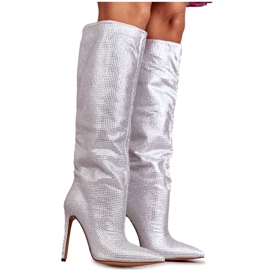 Modische silberne High-Heel-Stiefel mit kubischen Zirkonen