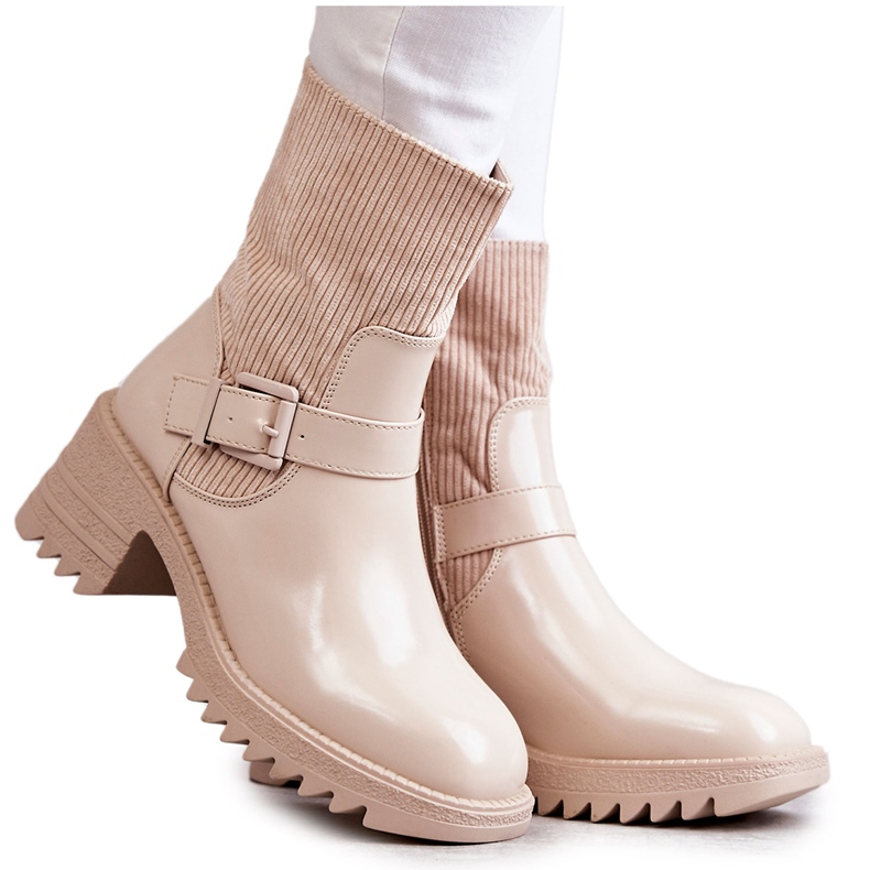 Warme Damenstiefel auf klobigem Absatz Beige Marinela