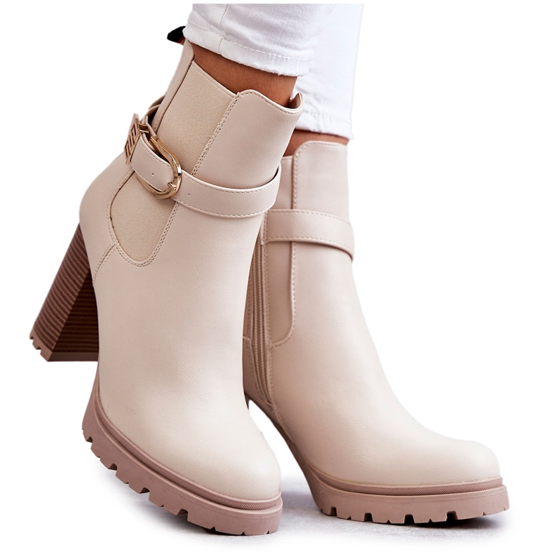 FE1 Lederstiefel auf einer Säule mit dekorativem Gürtel, beige Maresol