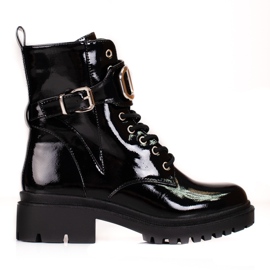 Lackierte Shelovet-Schnürtaschen mit dekorativer Schnalle schwarz