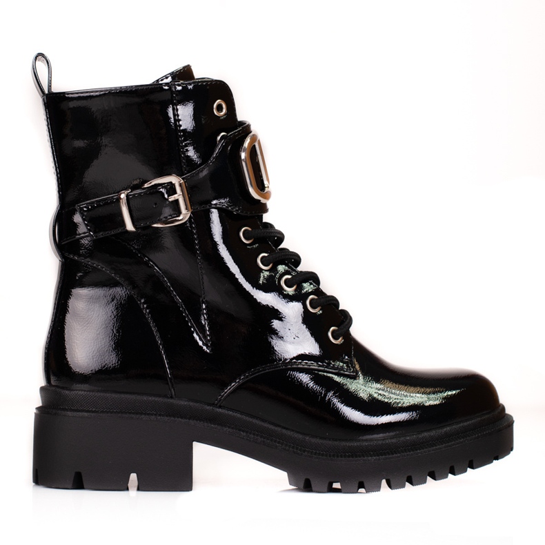 Lackierte Shelovet-Schnürtaschen mit dekorativer Schnalle schwarz