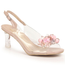 D&A Transparente Sandalen auf hohen Absätzen mit rosafarbenen DA-Perlen farblos
