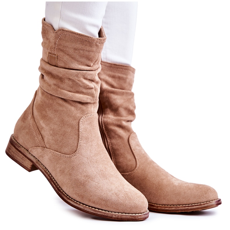 S.Barski Geknitterte Wildlederstiefel für Damen Beige Joanne
