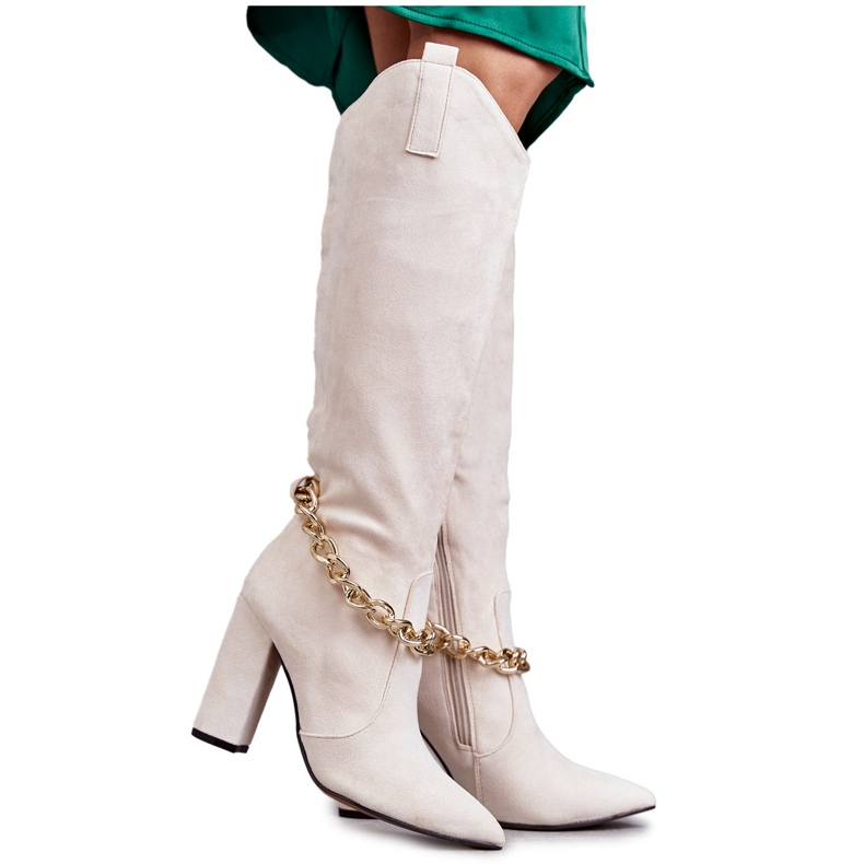 PG1 Warme Damen-Wildlederstiefel mit einer Kette in Hellbeige-Jasmin