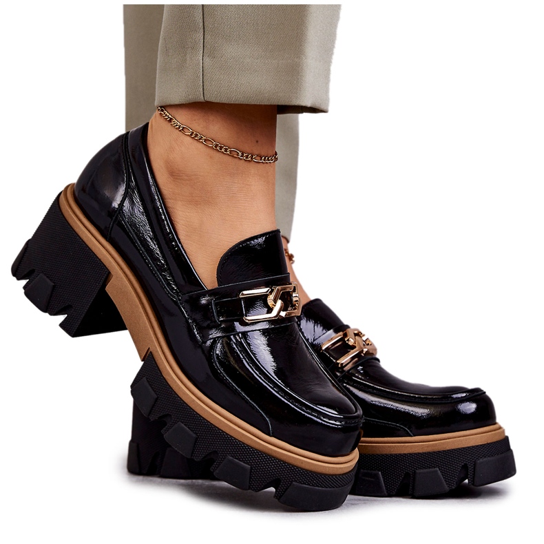 PL5 Lack High Heels mit Goldverzierung Schwarz Lurdes