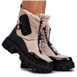 PM1 Beige und schwarze warme Schneestiefel für Damen mit Reißverschluss Marit