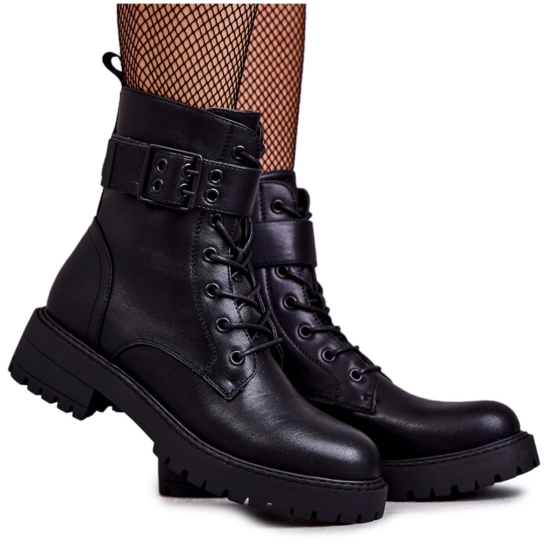 PJ1 Schwarze Firmina-Schnürstiefel mit flachem Absatz für Damen